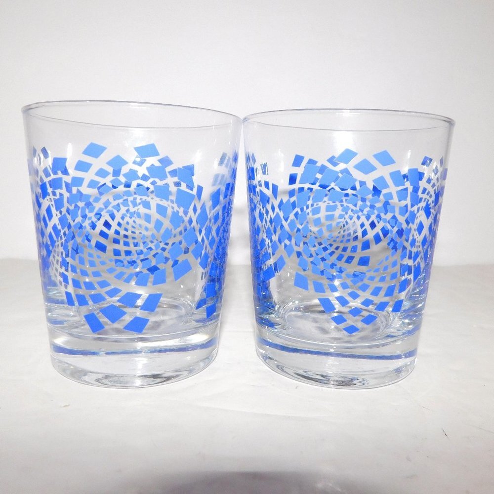 2 Vintage Ikea Clear Royal Blue Diamond Spiral Design Lowball Tumbler Glasses - Picture 1 of 7